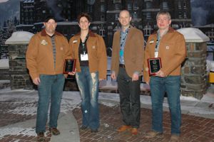 Two winners shared the F. X. Aherne Prize at the 2018 Banff Pork Conference. Left to right Lyle and Maaike Campbell, Birnam Pork, Arkona, Ont., Dr. Ben Willing, University of Alberta and Scott Hyshka, Mountain Vista / Sunterra Farms, Drumheller, Alta.